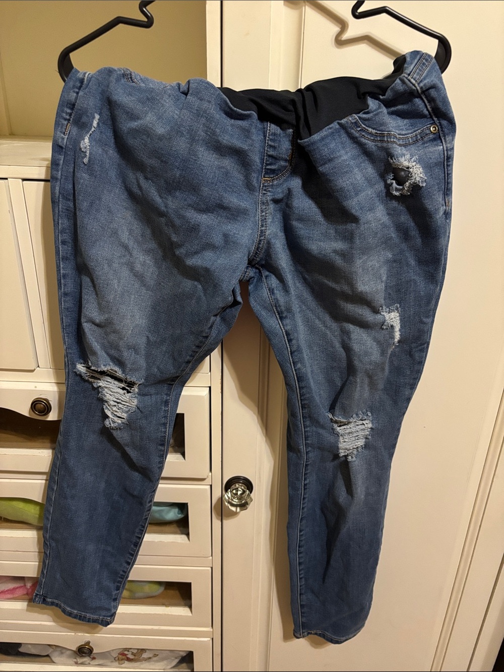 Maternity Distressed Blue Jeans and overhauls three pair